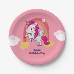 Cute Pink Custom 5th Unicorn Birthday Party Paper Plates