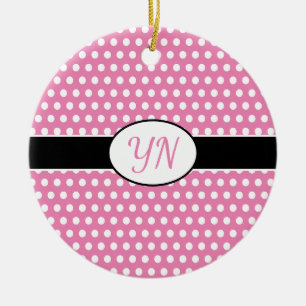 Cute Pink Custom initials Polka Dot Ceramic Ornament