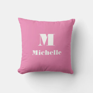 Cute Pink Custom Name Initial Letter Solid Color Throw Pillow