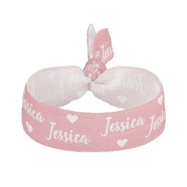 Cute Pink Custom Personalized Name Script Hearts Elastic Hair Tie (Front)