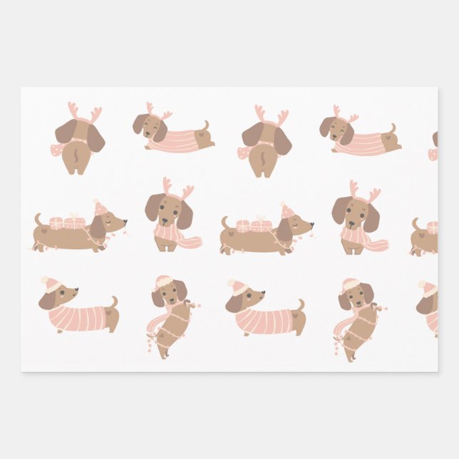Cute Pink Dachshund Christmas Wrapping paper (Front)