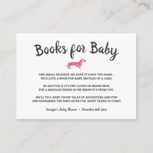 Cute Pink Dachshund Dog Bring A Book Baby Shower Enclosure Card