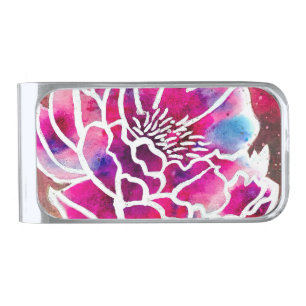 Cute Pink Dahlia Girly Pretty Floral Watercolor Silver Finish Money Clip