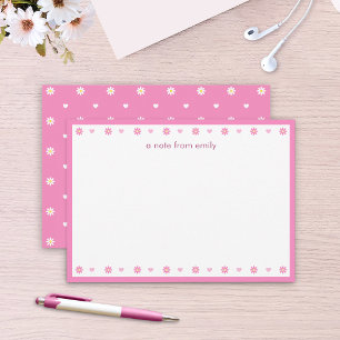Cute Pink Daisies & Hearts Personalized Note Card