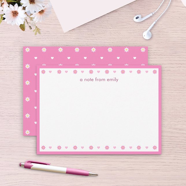 Cute Pink Daisies & Hearts Personalized Note Card (Creator Uploaded)