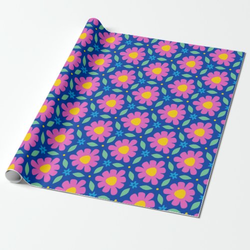 Cute Pink Daisies on Bright Blue Wrapping Paper