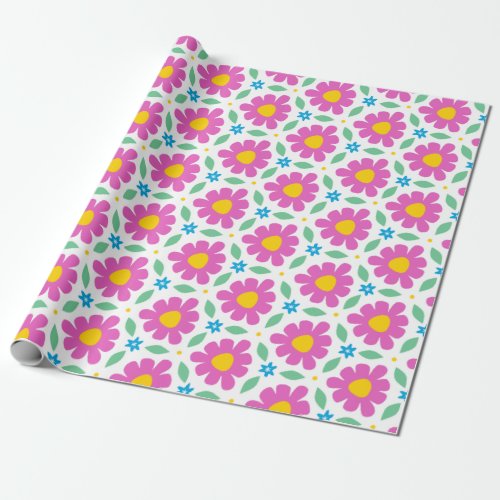 Cute Pink Daisies on Bright White Wrapping Paper