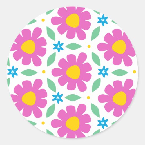 Cute Pink Daisies on Bright White Wrapping Paper Classic Round Sticker