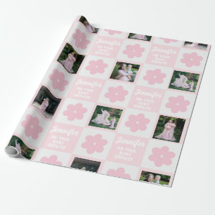 Cute Pink Daisy Checkerboard Photo Baby Shower  Wrapping Paper