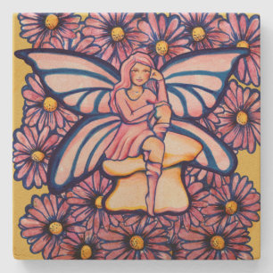 Cute Pink Daisy Fairy Mushroom Art Fairies Stone Coaster