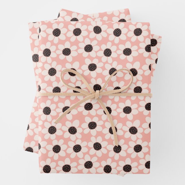 Cute Pink Daisy Flower Pattern Wrapping Paper Sheets (In situ)
