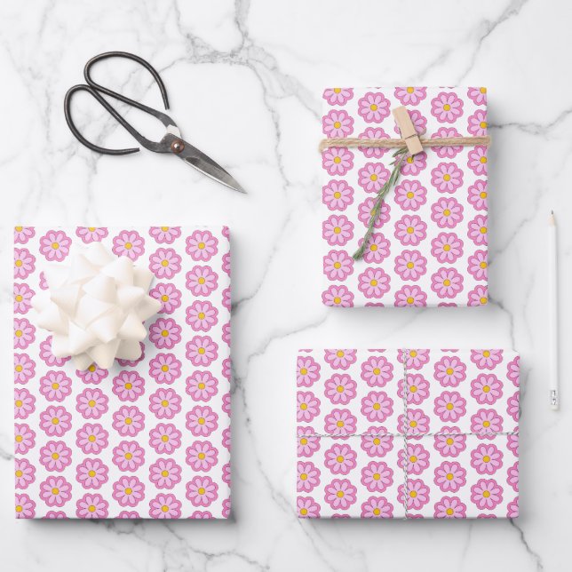 Cute Pink Daisy Flower Wrapping Paper Sheets (Front)