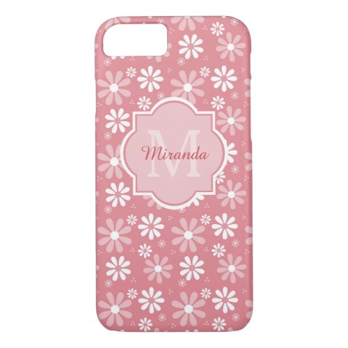 Cute Pink Daisy Flowers Monogram and Name iPhone 87 Case