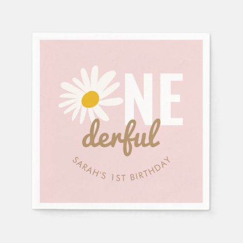 Cute Pink Daisy ONEderful 1st Birthday Party Napkins
