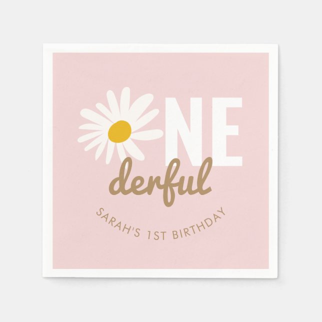 Cute Pink Daisy ONEderful 1st Birthday Party Napkins (Front)