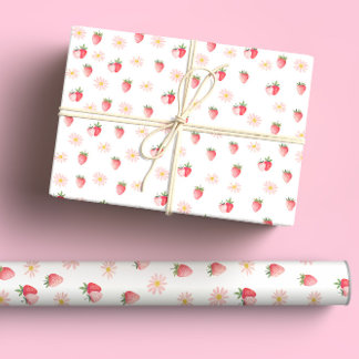 Cute Pink Daisy & Strawberries Pastel Watercolor  Wrapping Paper