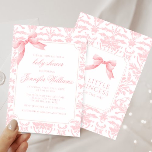 Cute pink damask bow ribbon baby shower invitation