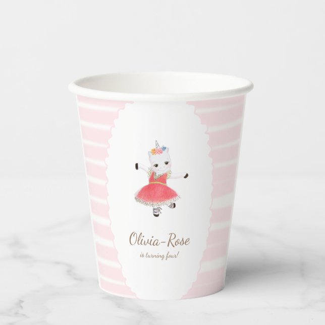 Cute Pink Dancing Ballerina Unicorn Birthday Paper Cups (Front)