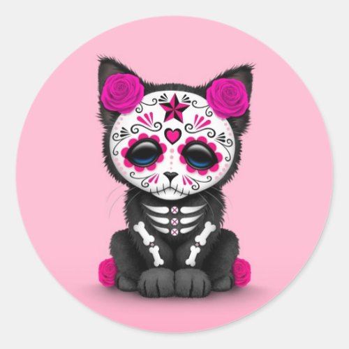 Cute Pink Day of the Dead Kitten Cat Classic Round Sticker