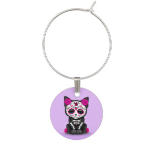 Cute Pink Day of the Dead Kitten Cat, Purple Wine Glass Charm