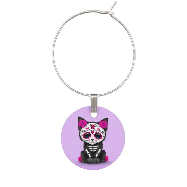 Cute Pink Day of the Dead Kitten Cat, Purple Wine Glass Charm (Front)