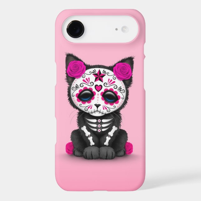 Cute Pink Day of the Dead Kitten Cat, teal blue Case-Mate iPhone Case (Back)
