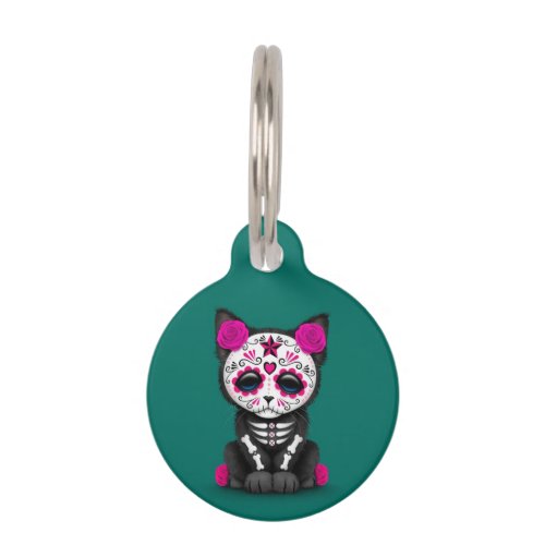 Cute Pink Day of the Dead Kitten Cat teal blue Pet Name Tag