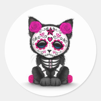 Cute Pink Day Of The Dead Kitten Cat  White Classic Round Sticker by crazycreatures at Zazzle