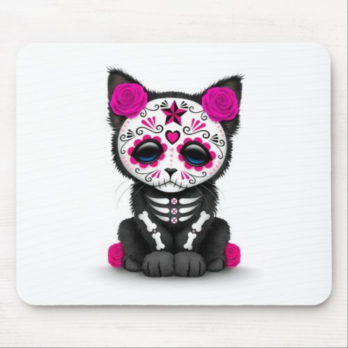 Cute Pink Day of the Dead Kitten Cat white Mouse Pad