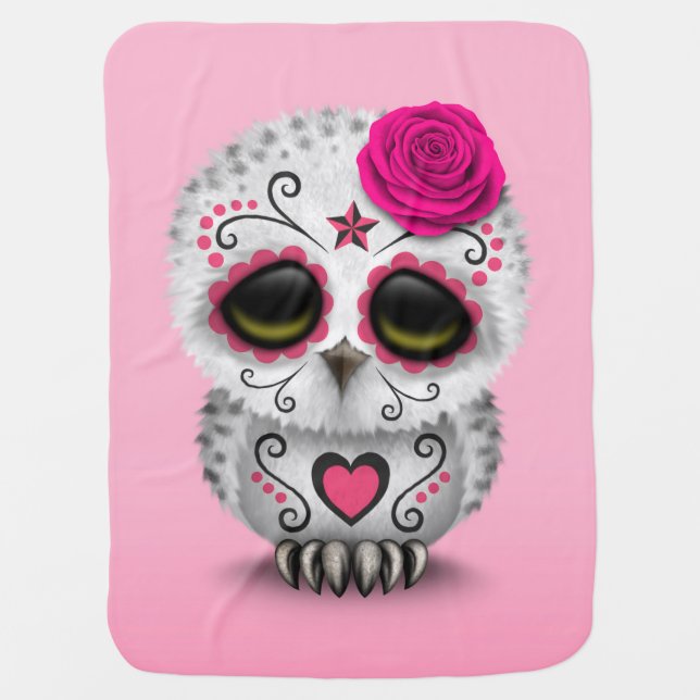 Cute Pink Day of the Dead Sugar Skull Owl Baby Blanket (Front)