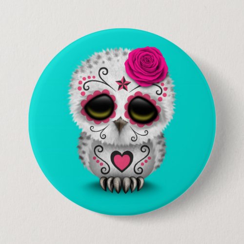 Cute Pink Day of the Dead Sugar Skull Owl Blue Button