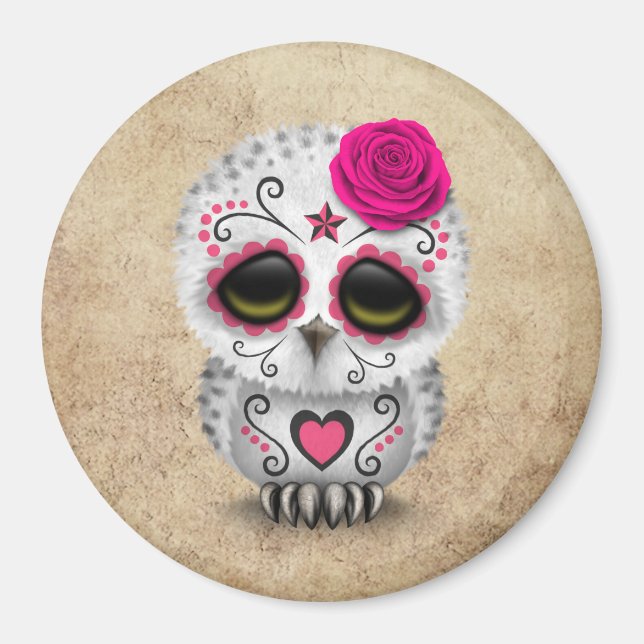 Cute Pink Day of the Dead Sugar Skull Owl Rough Magnet (Front)