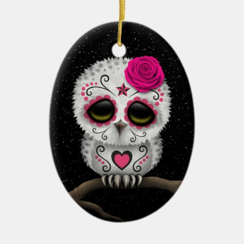 Cute Pink Day of the Dead Sugar Skull Owl Stars Ceramic Ornament