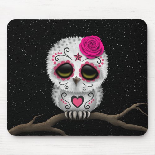 Cute Pink Day of the Dead Sugar Skull Owl Stars Mouse Pad