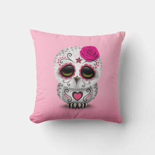 Cute Pink Day of the Dead Sugar Skull Owl Throw Pillow