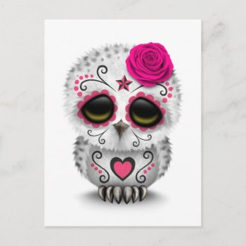 Cute Pink Day Of The Dead Sugar Skull Owl White Postcard by crazycreatures at Zazzle