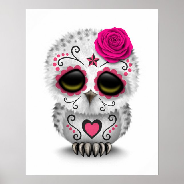 Cute Pink Day of the Dead Sugar Skull Owl White Poster (Front)