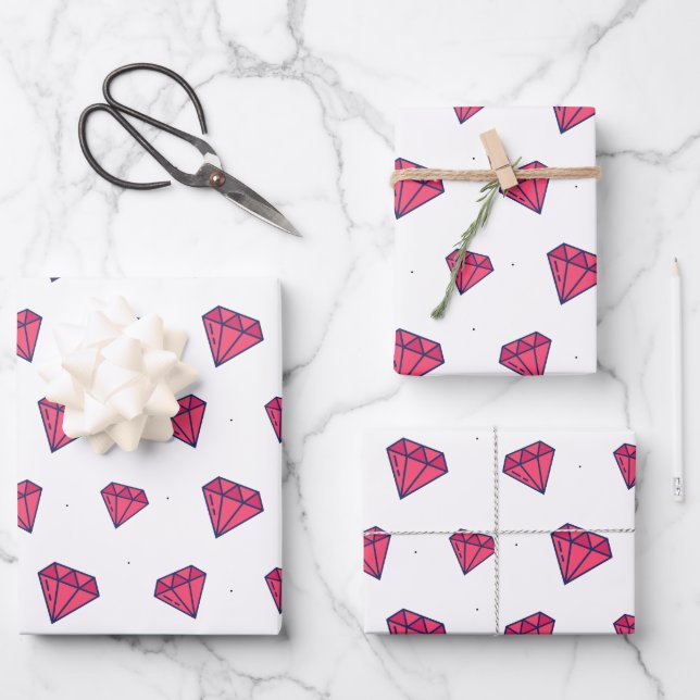 Cute Pink Diamond Gem Pattern Wrapping Paper Sheets (Front)