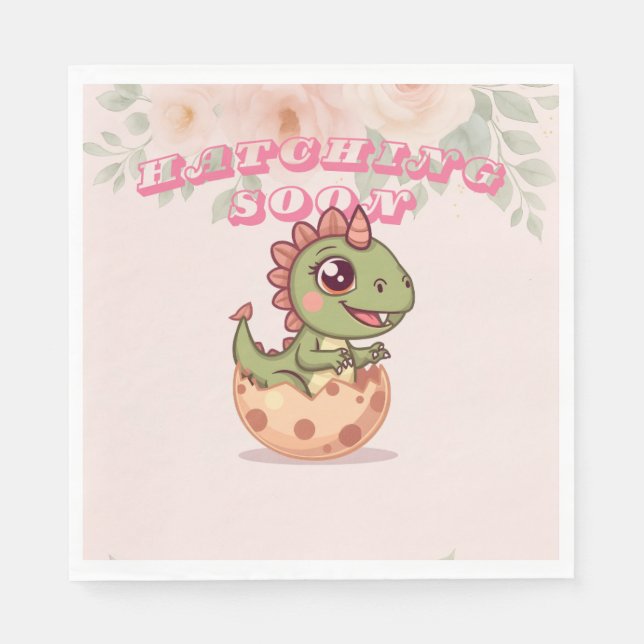 Cute Pink Dino Hatching Soon Napkins (Front)