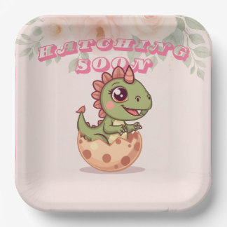 Cute Pink Dino Hatching Soon Paper Plates