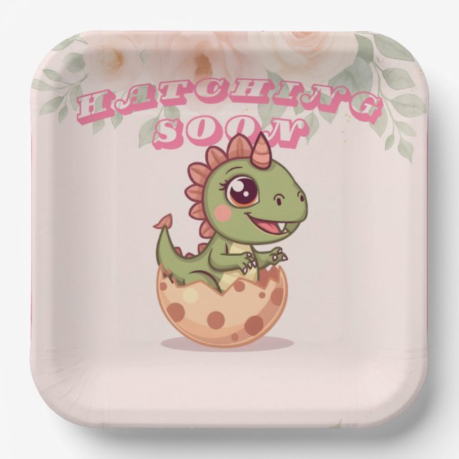 Cute Pink Dino Hatching Soon Paper Plates (Front)