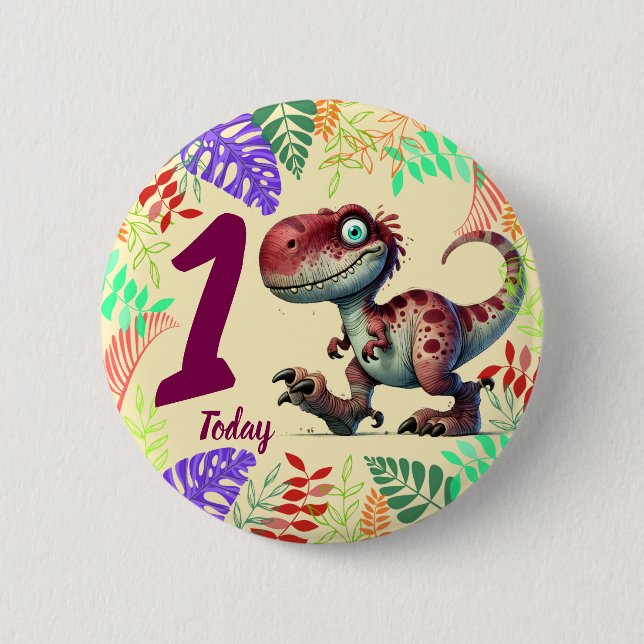 Cute Pink Dinosaur 1st Birthday Button (Front)