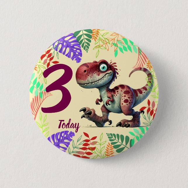 Cute Pink Dinosaur 3rd Birthday Button (Front)