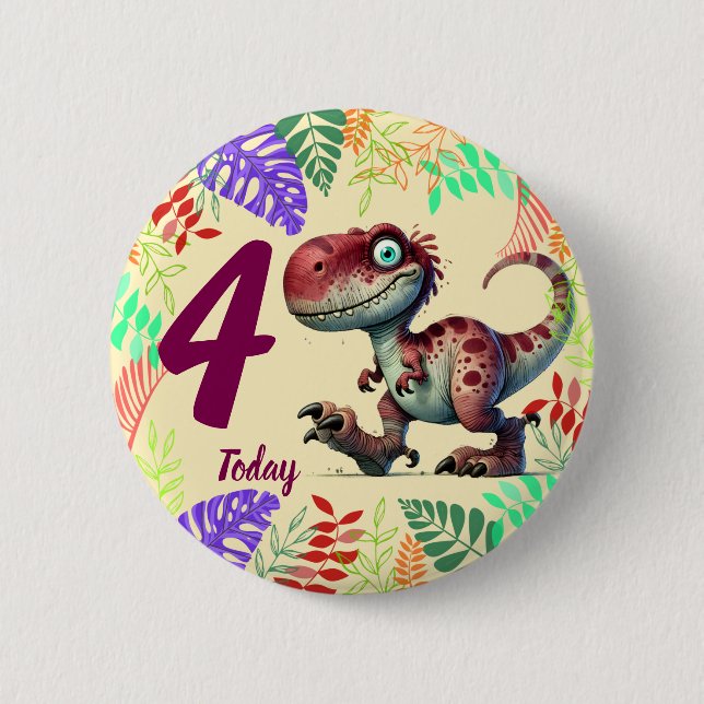Cute Pink Dinosaur 4th Birthday Button (Front)