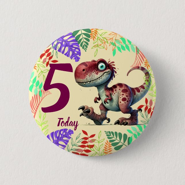 Cute Pink Dinosaur 5th Birthday Button (Front)
