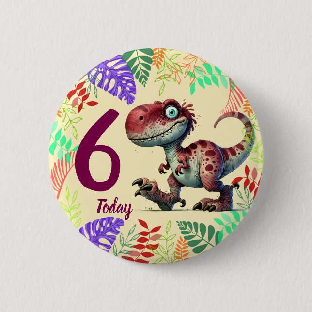 Cute Pink Dinosaur 6th Birthday Button (Front)