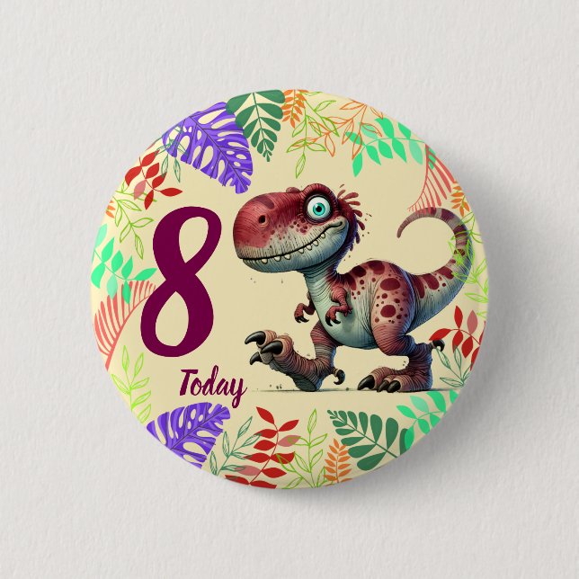 Cute Pink Dinosaur 8th Birthday Button (Front)