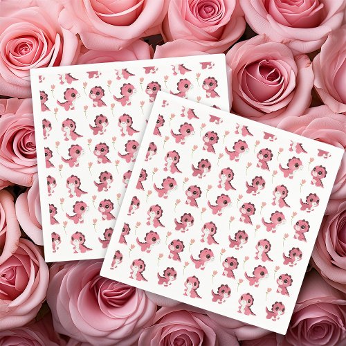 Cute Pink Dinosaur and Flower Patterned Napkins