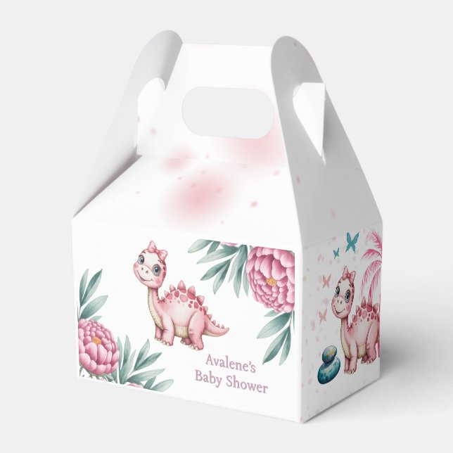 Cute Pink Dinosaur and Peony Baby Shower Favor Boxes (Front Side)