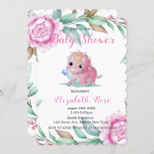 Cute Pink Dinosaur and Peony Baby Shower Invites